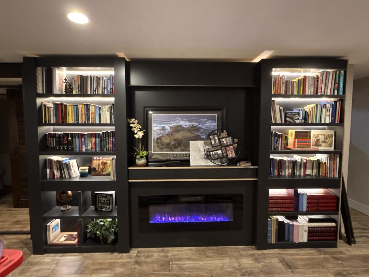 Built-in Bookshelf with Fireplace & LED Lighting