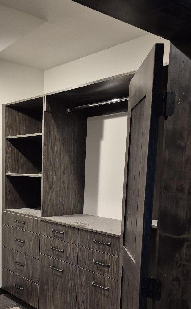 Closet built-ins behind a stained door