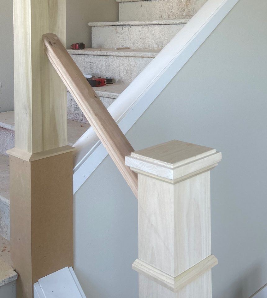 Newel posts and oak rail going in